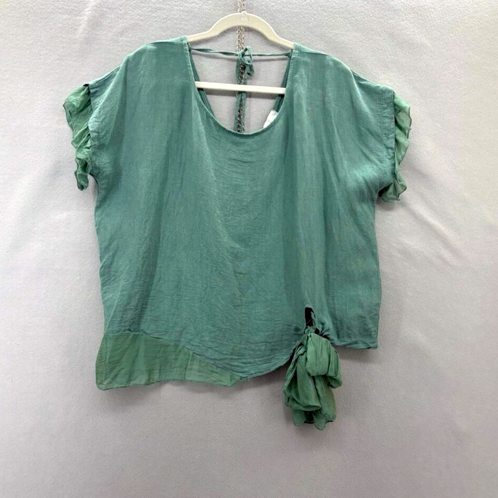 Belle France Linen/Silk Tie Blouse Large emerald jade Lagenlook Artsy Italy - Picture 3 of 11